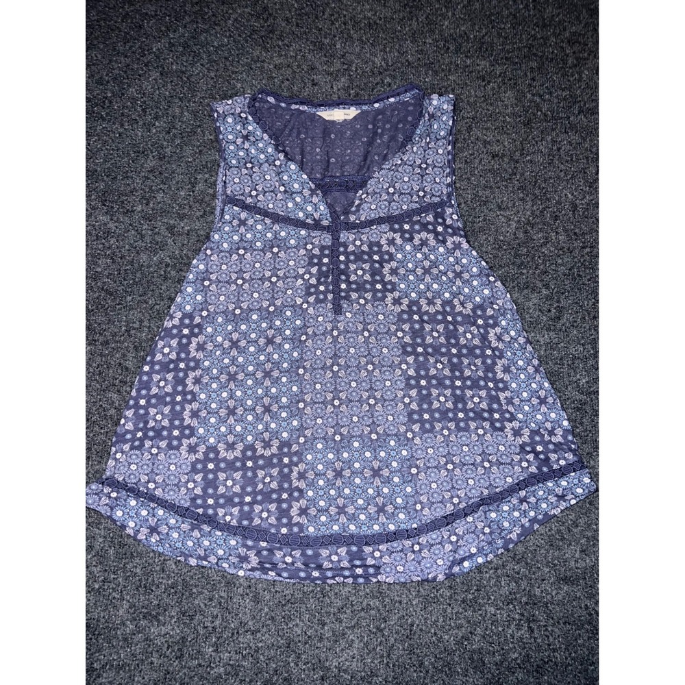 Lucky Brand Blue Floral Patchwork Sleeveless Top Crochet Trim Large